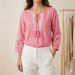 Talbots Pink Embroidered Tassel Peasant Blouse
